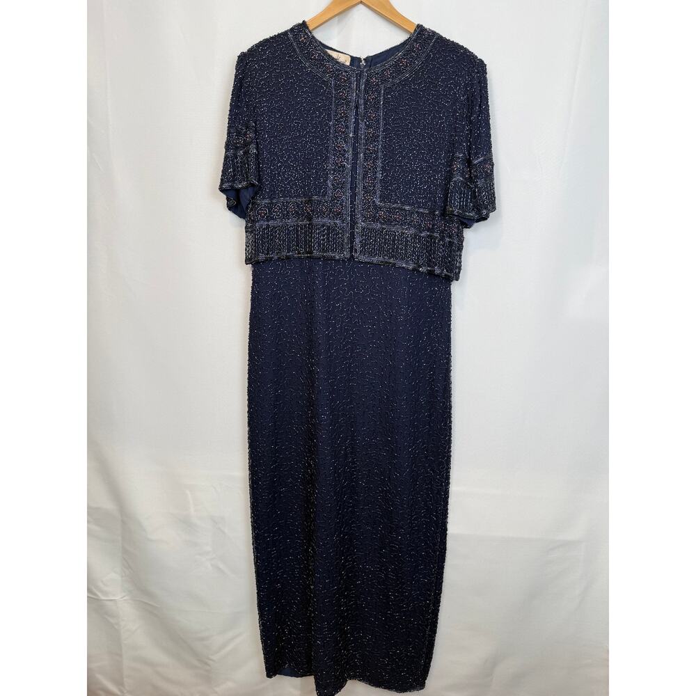 Laurence Kazar Vintage 80s Navy Silk Beaded Gown Capelet XXL